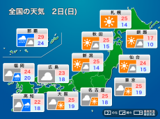 
6月2日(日)の天気　太平洋側の地域に雨雲接近　沖縄・奄美は大雨注意
        