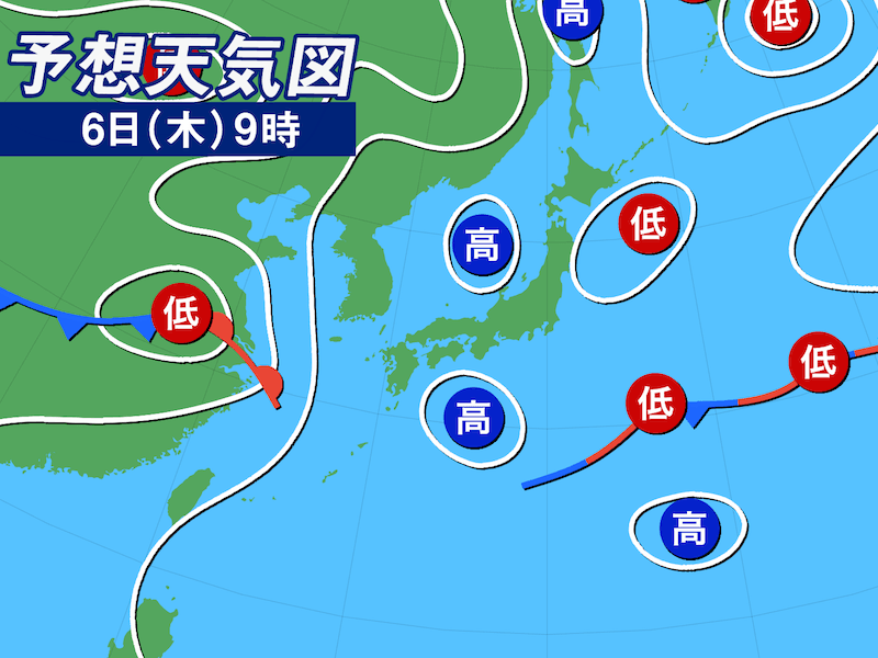 
6日(木)の天気　関東は夏を思わせる暑さ　九州は夜から雨の可能性
        