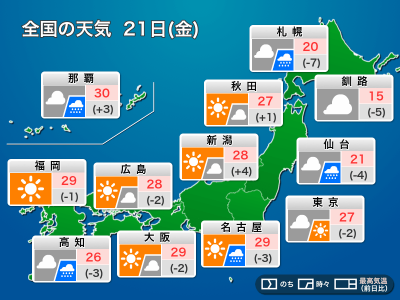 
今日21日(金)の天気　全国的に大気の状態が不安定　急な雷雨や突風に注意
        