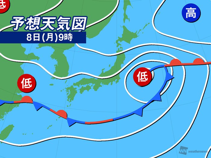 
7月8日(月)の天気　広い範囲で天気急変に注意
        