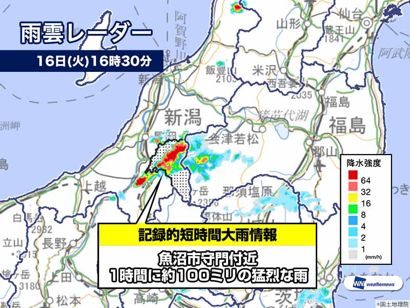 
新潟県で1時間に100mmの猛烈な雨　西日本でも局地的に強まる
        