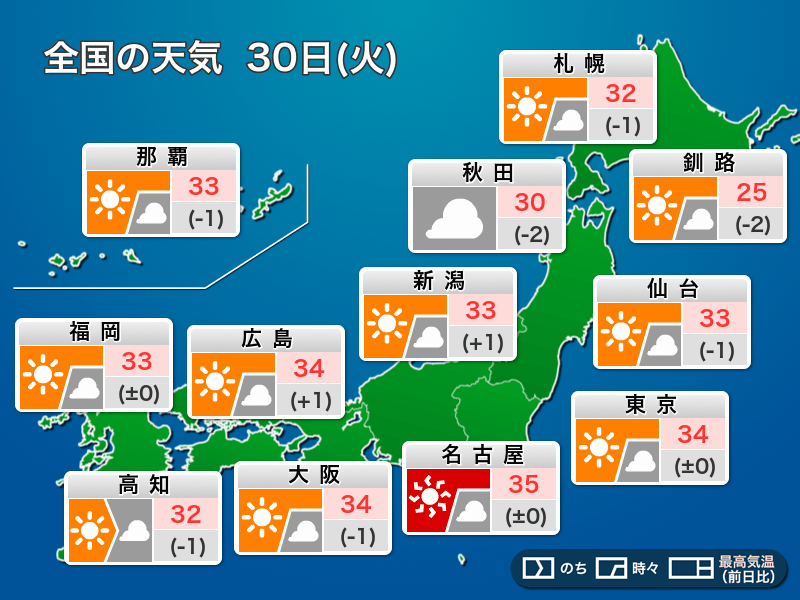 
30(火)の天気　広く猛暑＆雷雨に注意
        