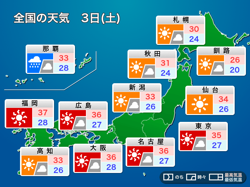 
8月3日(土)の天気 屋外レジャーは熱中症警戒　山では急な雷雨も
        