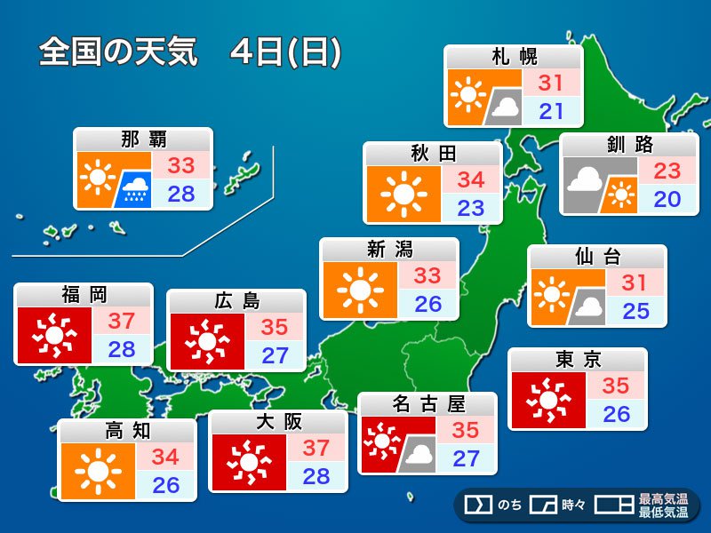 
8月4日(日)の天気　猛暑継続　万全の熱中症対策を
        