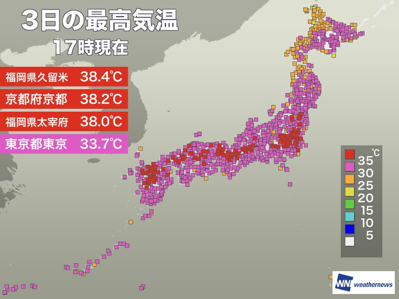 
猛暑が続く日本列島　3日連続で真夏日800地点に
        