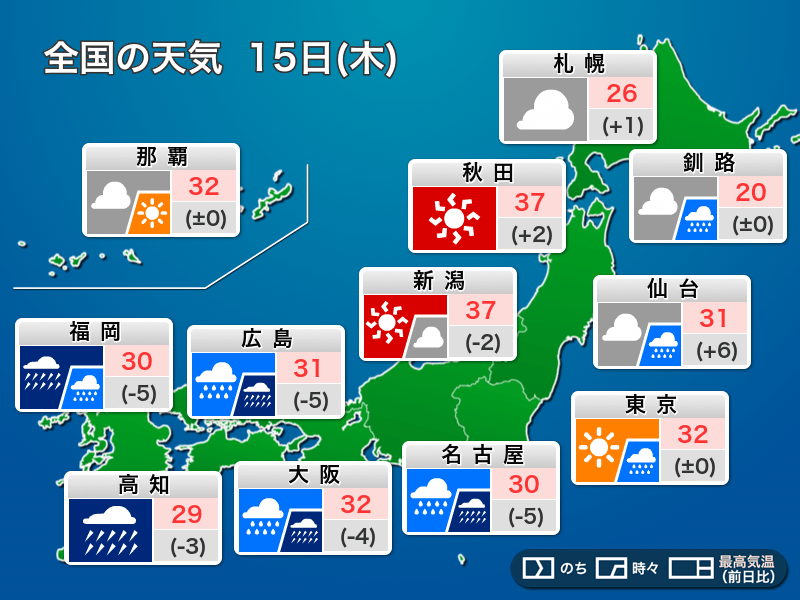 
8月15日(木)の天気　台風10号直撃で飛行機・電車など大きな影響も
        