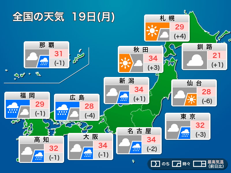 
8月19日(月)の天気　西から雨エリア広がり、東京も傘の出番
        