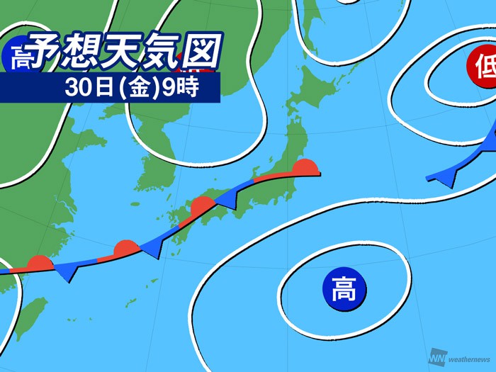 
31日(土)の天気　広い範囲で雲は多めでも日差しが届く
        