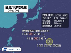 
台風16号（ペイパー）発生　日本への影響なし
        