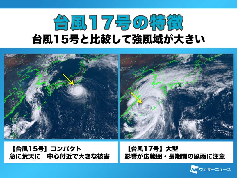 
台風17号　特徴は大型で広い強風域　広範囲・長期間の風雨に注意
        