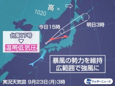 
台風17号が温帯低気圧に　暴風勢力を維持　より広範囲で強風に
        