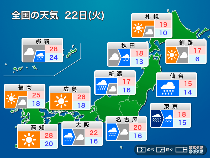 
明日22日(火)の天気　東日本は傘必須　被災地は強雨に警戒
        