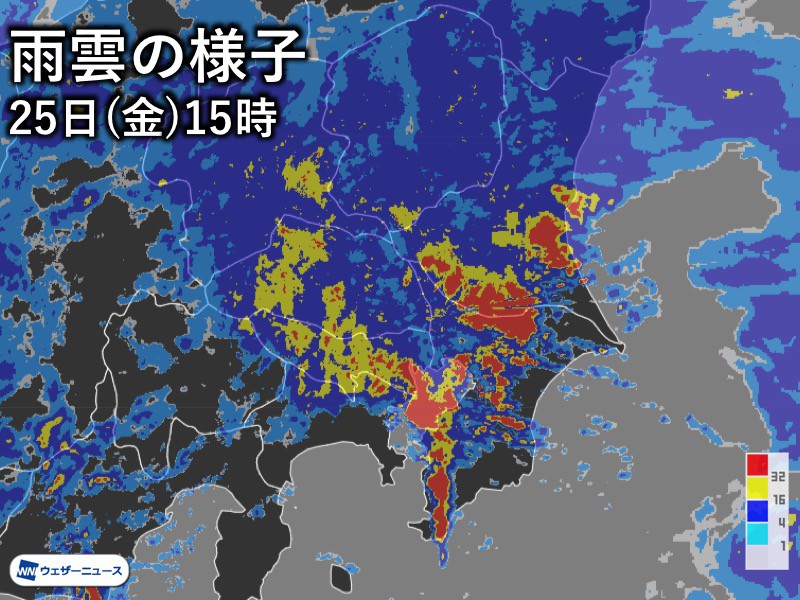 
東京都心に活発な雨雲が迫る　16時過ぎまで非常に激しい雨に警戒
        