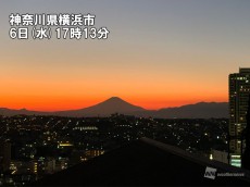 
夕暮れに佇む富士山　夜も穏やかな晴天続く
        