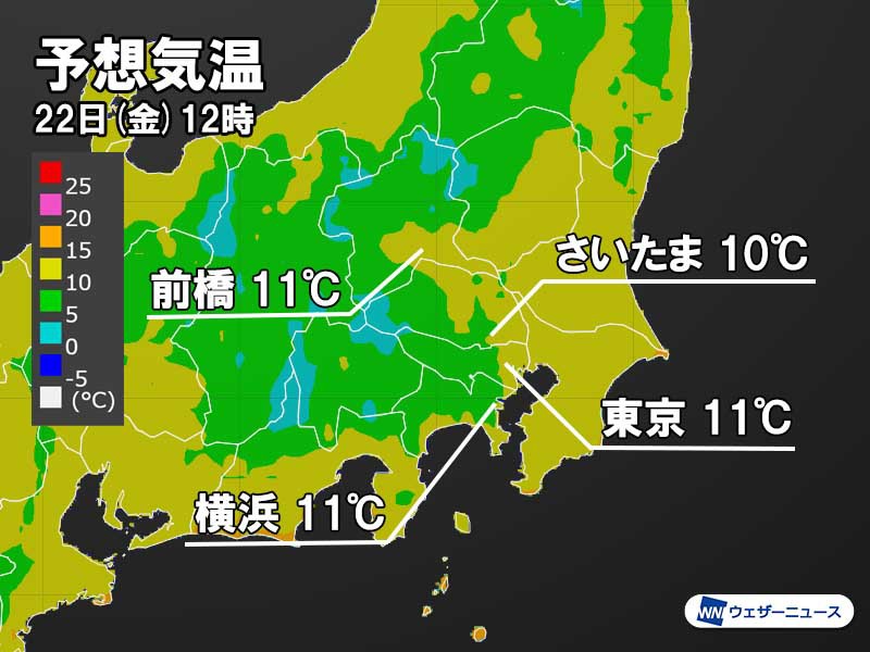 
関東　明日22日(金)は年末並みの寒さ　東京の最高気温は11℃
        