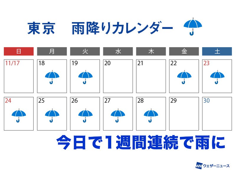 
日差し恋しい東京　今日28日(木)で一週間連続の雨
        