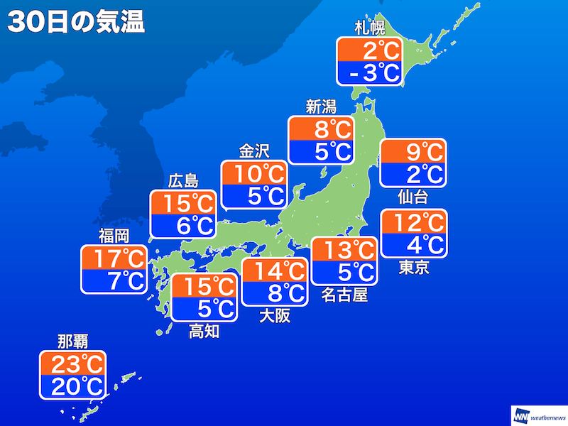 
11月30日(土) 各地の気温変化
        