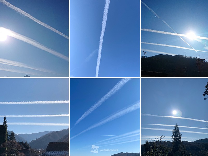 
青空の長野県の空に白いライン　長く伸びる飛行機雲ラッシュ
        