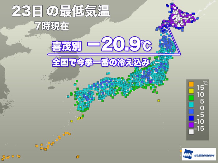 
今季一番の冷え込みに　北海道で－20℃以下を観測
        