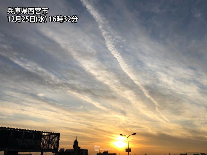 
夕空に長く伸びる飛行機雲　明日の下り坂を示唆
        