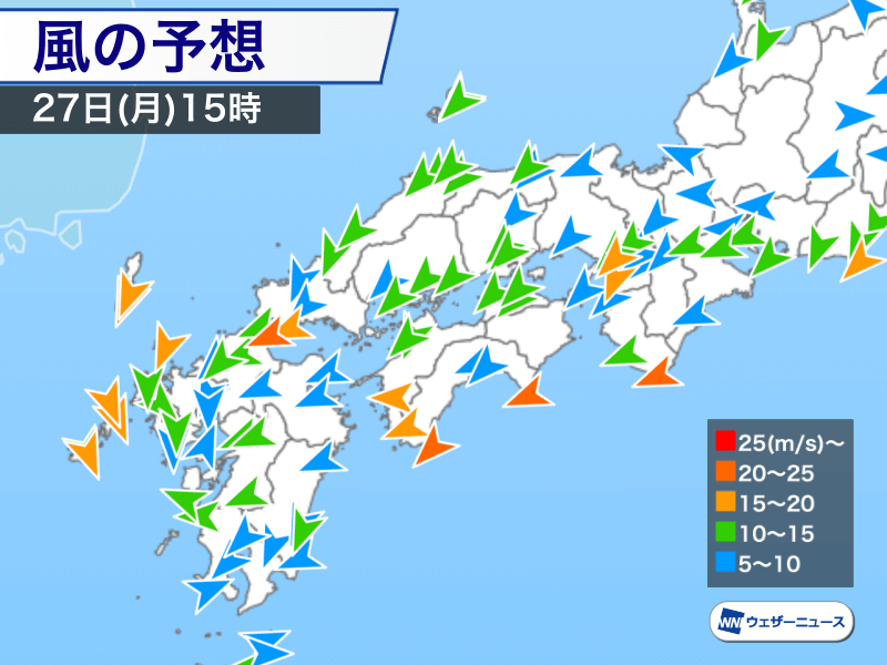 
西日本で30m/s超の暴風を観測　午後も風雨の強まりに注意
        