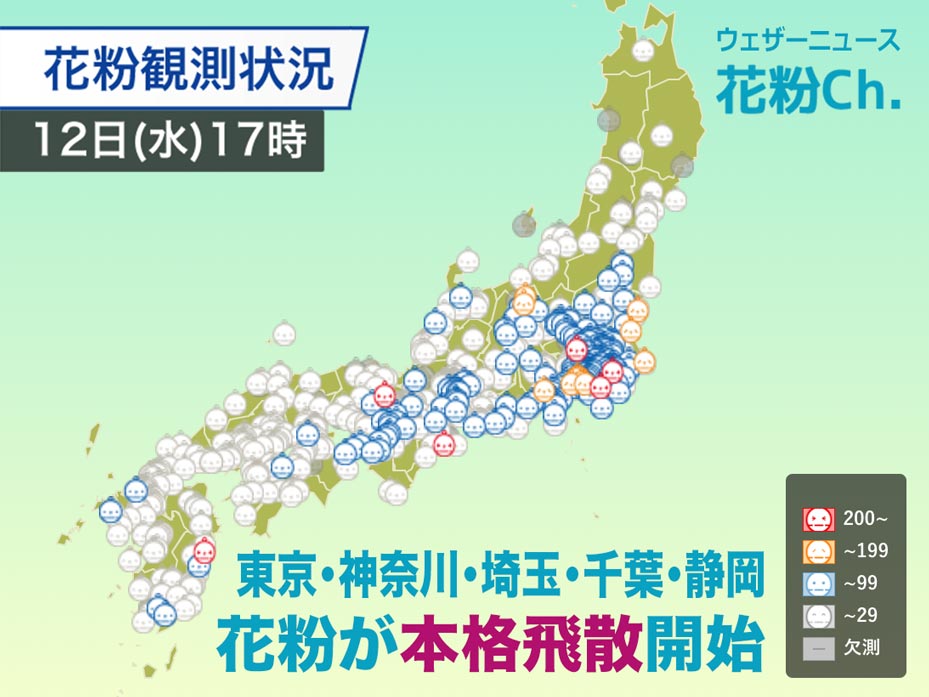 
花粉　関東南部で本格飛散開始　明日も「やや多い」予想
        