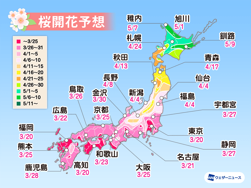 
【桜開花予想2020】東京・高知・福岡で3/20の予想 九州南部は暖冬で開花遅れる見込み
        