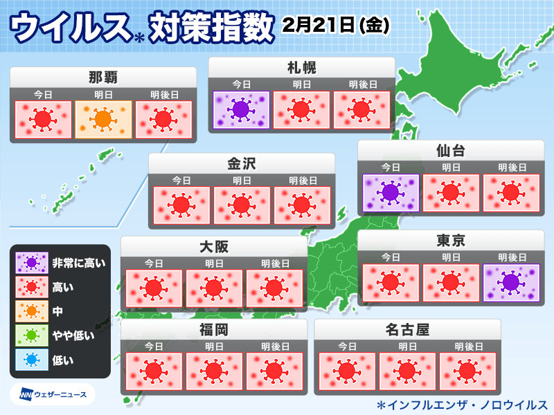 
ウイルス対策指数　各地で三連休にかけ高い予想
        