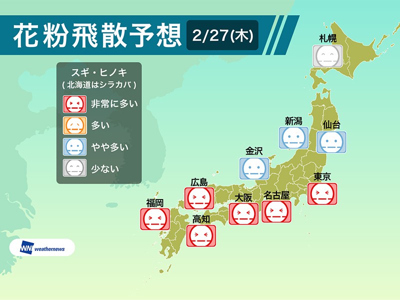 
明日27日(木)は空気冷たくても花粉は大量飛散予想
        