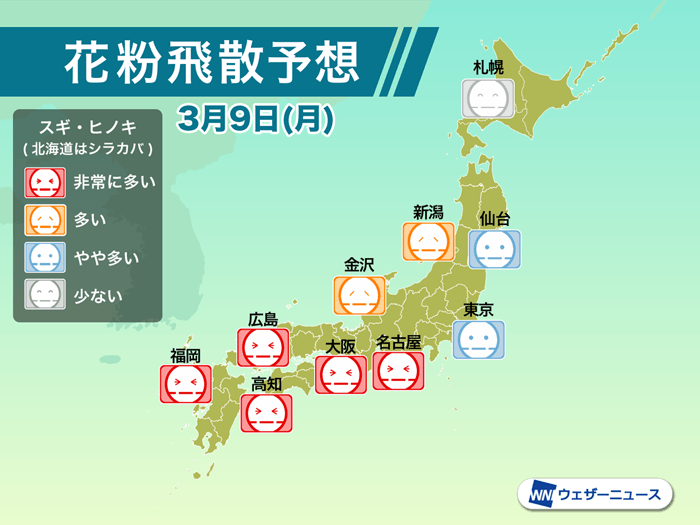 
9日(月)の花粉飛散予想　名古屋や大阪では大量飛散に注意
        