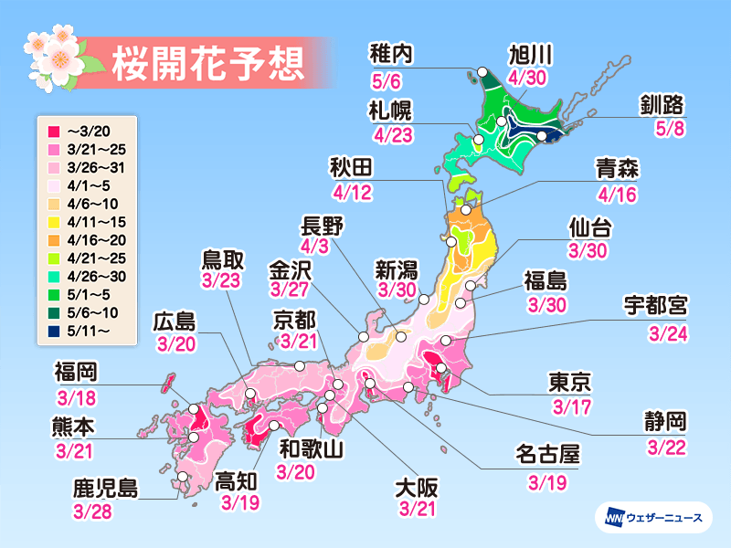 
【桜開花予想2020】来週17日(火)は東京で桜開花 直前の“寒の戻り”で予想やや遅れる
        