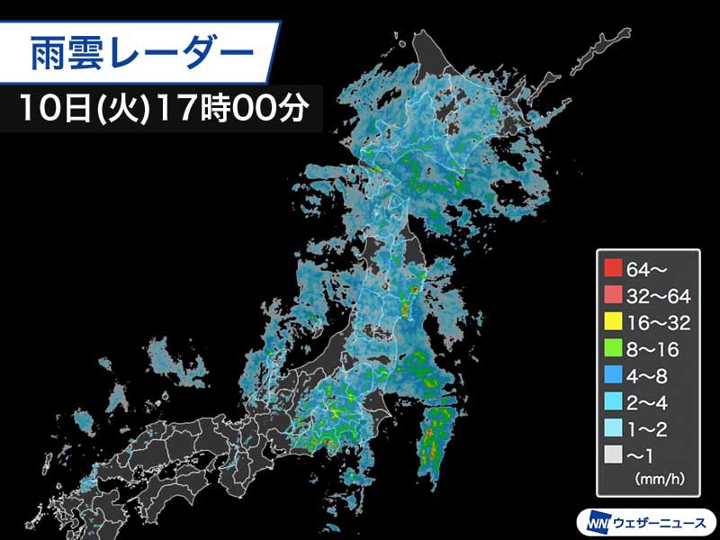 
活発な雨雲は東日本・北日本に　北日本は明日11日(水)にかけ荒天
        