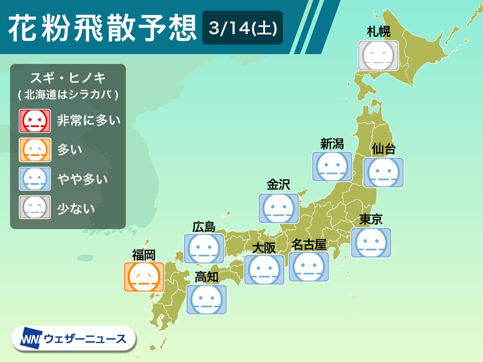 
3月14日(土)の花粉飛散予想　雨の影響で飛散落ち着く
        