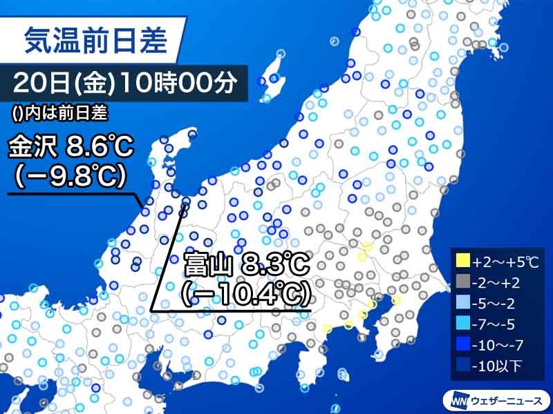 
春本番の陽気から一転　北陸など昨日より10℃以上ダウン
        