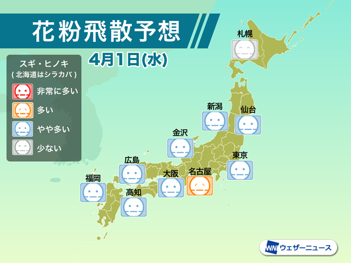 
4月1日(水)の花粉飛散予想　全国的に雨で飛散量はやや控えめに
        