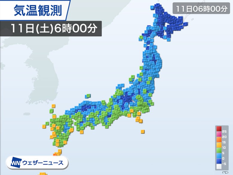 
全国的に寒い朝　成田は0.3℃、兵庫三田で−0.2℃
        