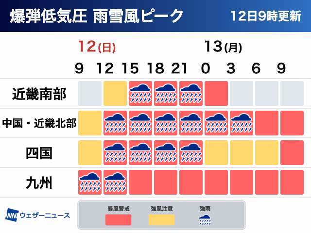 
低気圧が発達し荒天に　西日本は太平洋側ほど大雨警戒
        