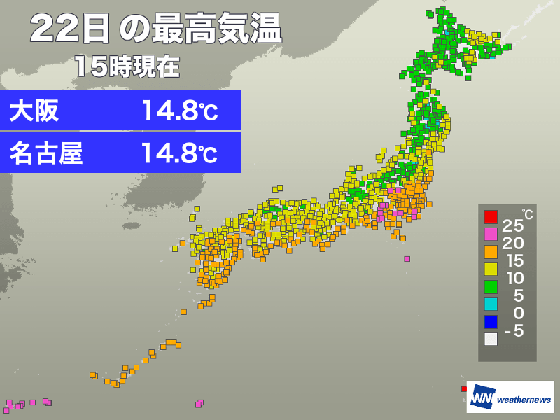 
季節が後退　大阪や名古屋は15℃に届かず
        