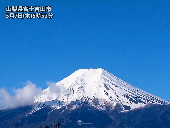 
雷雨に洗い流された青空に白い富士山
        