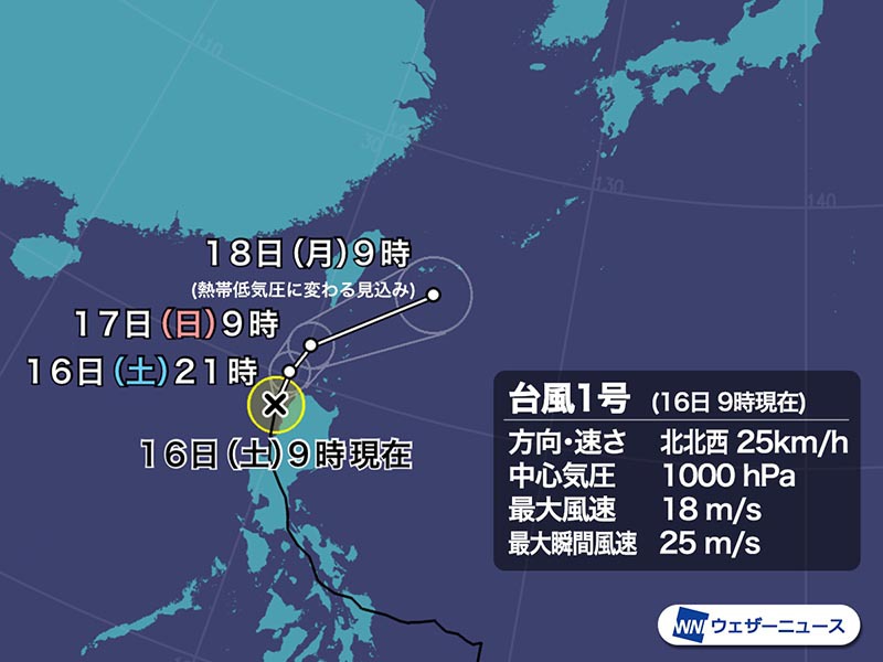 
台風1号は勢力を弱め暴風域がなくなる　18日(月)にかけて先島諸島に接近
        