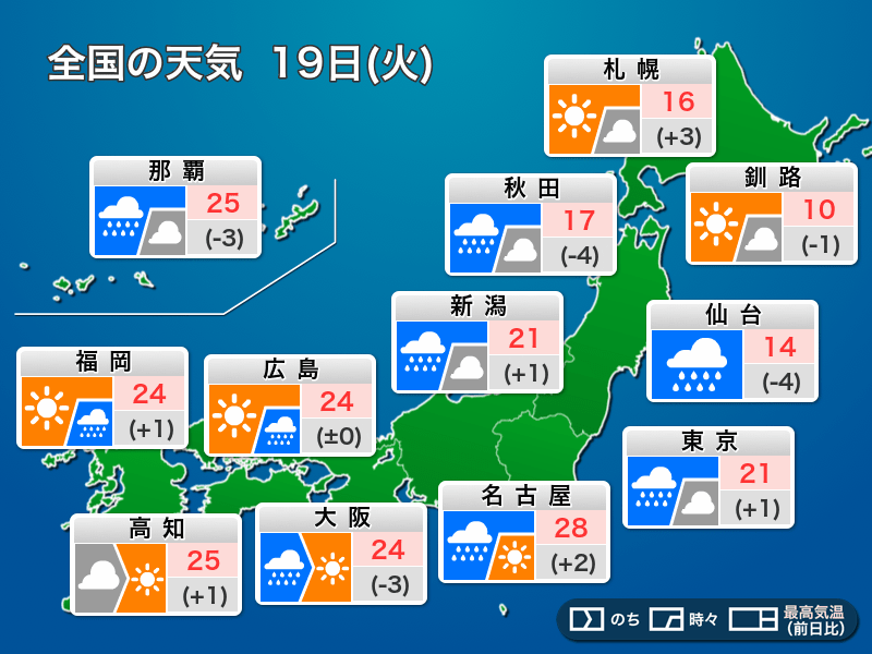 
今日19日(火)の天気　東日本や東北で雨　関東は朝に激しい雨のおそれ
        