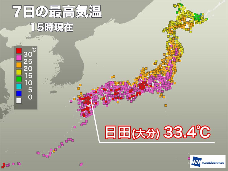 
西日本は軒並み30℃以上の真夏日　大分県日田で33℃超える
        
