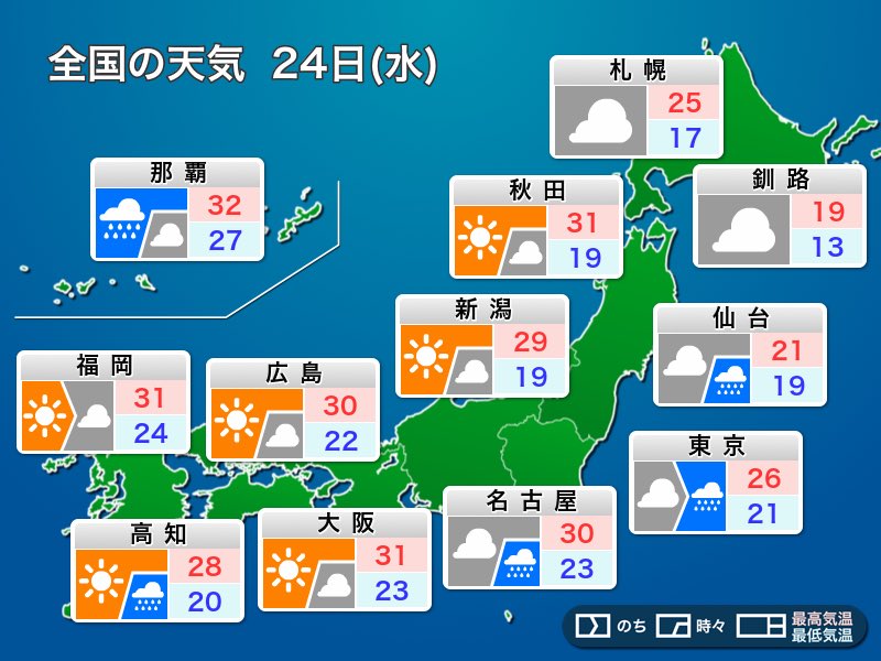 
明日24日(水)の天気　西日本は梅雨の中休み最終日　東京など関東は梅雨空でムシムシ
        