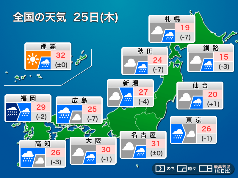 
今日25日(木)の天気　全国的に雨　九州北部は大雨に警戒
        