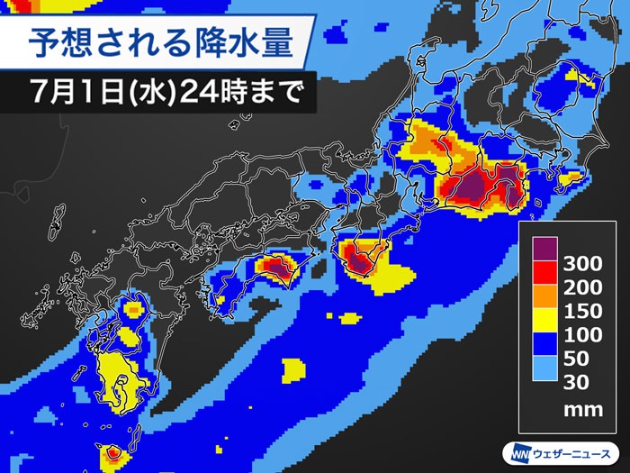
梅雨前線南下で九州は激しい雨　西日本や東海で300mm超の大雨に警戒
        