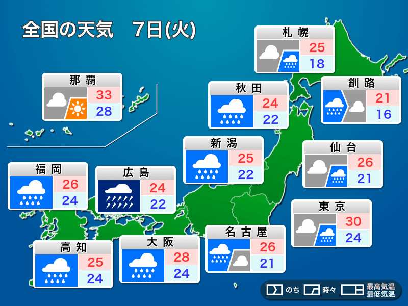 
明日7月7日(火)の天気　西日本・東海は深刻な大雨　災害に厳重警戒を
        