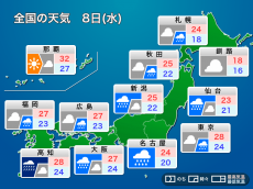 
明日8日(水)の天気 西日本・東海は大雨への警戒続く　関東も梅雨空
        