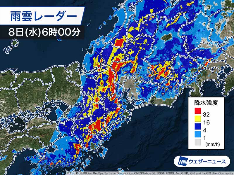 
名古屋など東海西部まもなく雨のピークに　朝のうち激しい雨に警戒
        