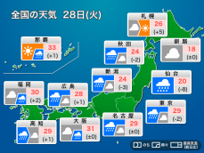 今日28日(火)の天気　東北や北陸で大雨に厳重警戒　九州南部は梅雨明けの可能性