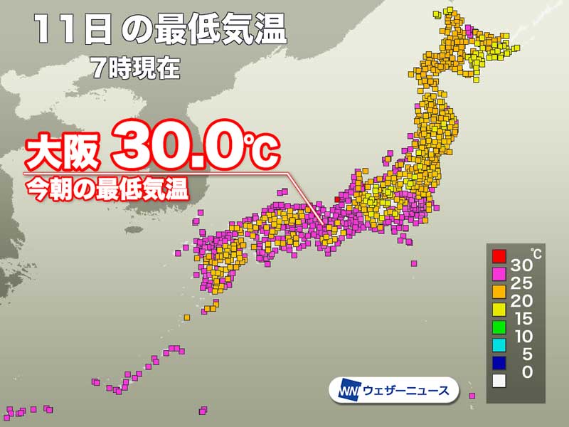 大阪の朝の最低気温が30.0℃　記録更新の可能性も